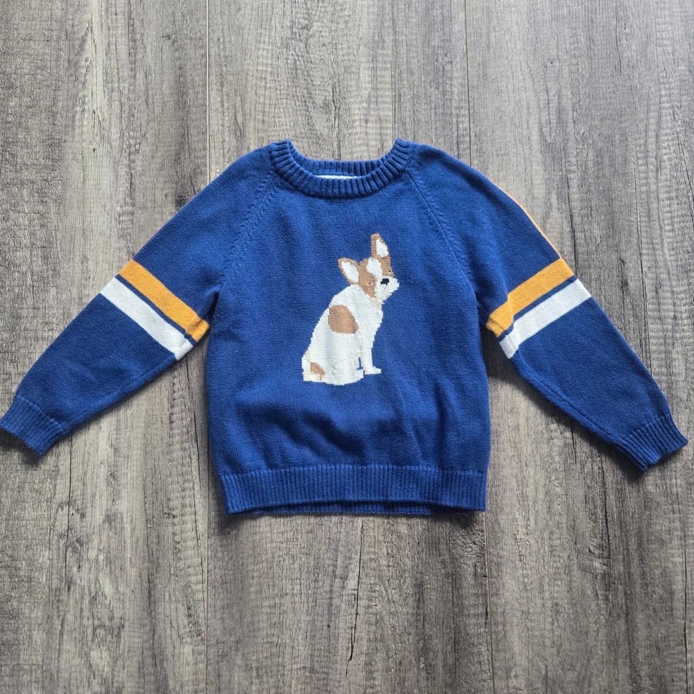 Janie and Jack Boys Blue French Bulldog Cotton Knit Sweater Size 4 Varsity
